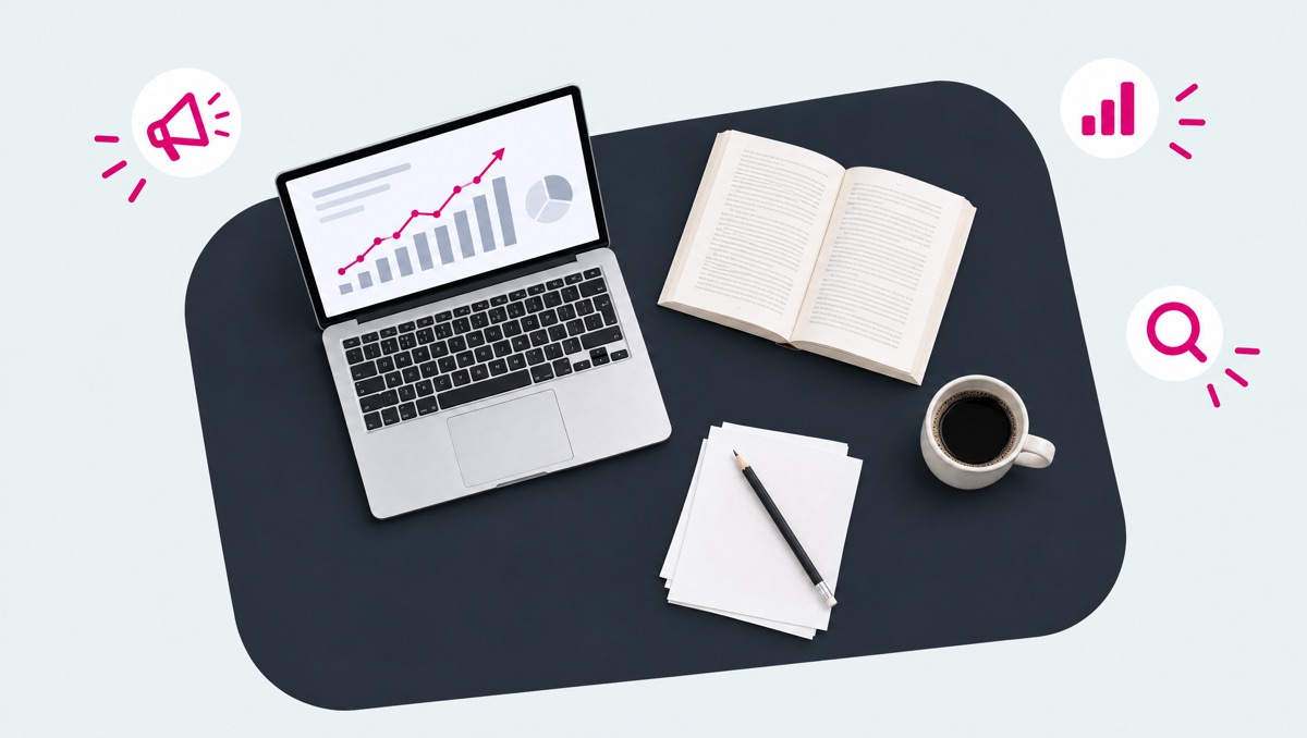 Schreibtisch eines Autors mit Laptop und geöffneten Werbeberichten als Symbol für die analytische Arbeit mit Amazon Ads