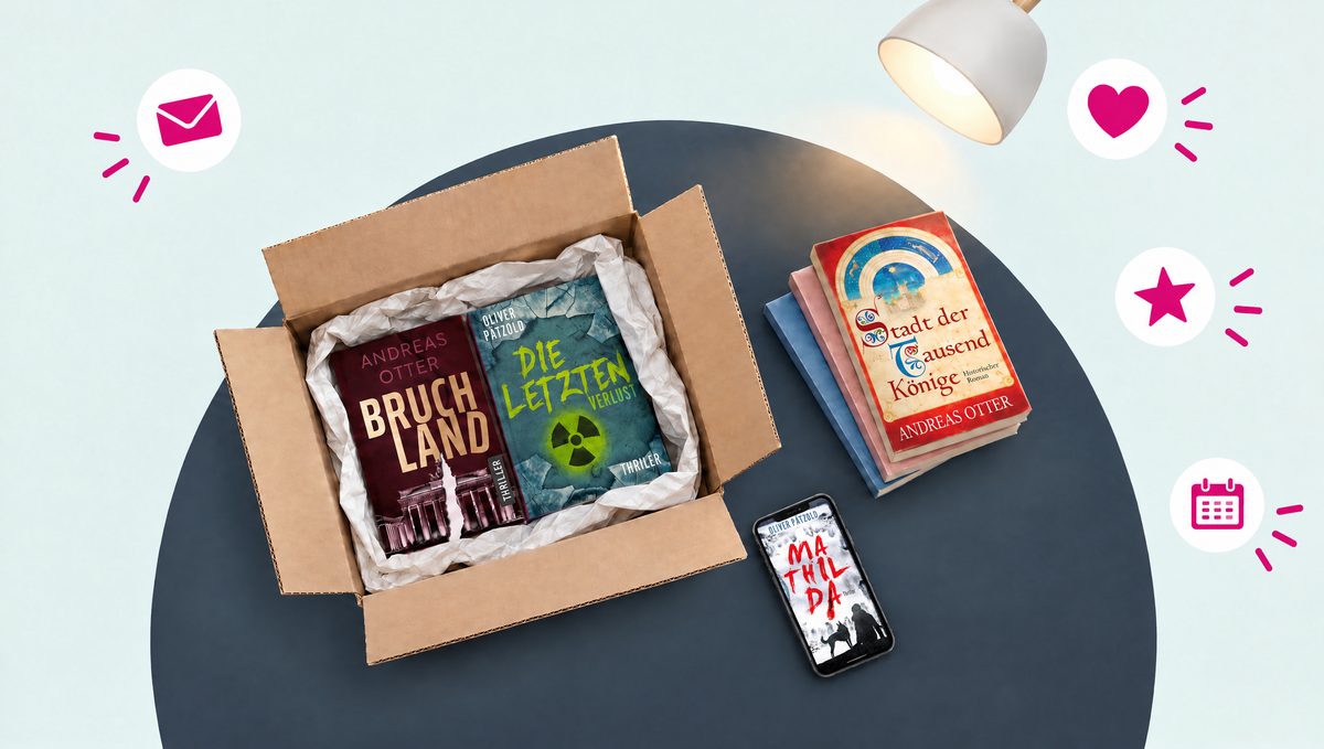 Blick von oben auf ein geöffnetes Paket mit den Romanen „Bruchland“ von Andreas Otter und „Die Letzten“ von Oliver Pätzold in Seidenpapier, daneben ein Bücherstapel mit „Stadt der tausend Könige“ obenauf, ein Smartphone mit dem E-Book „Mathilda“ und eine Leselampe. Daneben Symbole für Brief, Herz, Stern und Kalender.