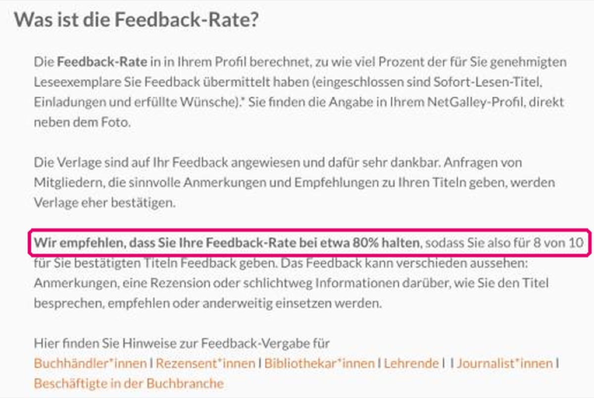 Hilfeseite von NetGalley zur Feedback-Rate mit der Empfehlung von etwa 80 Prozent, markiert.