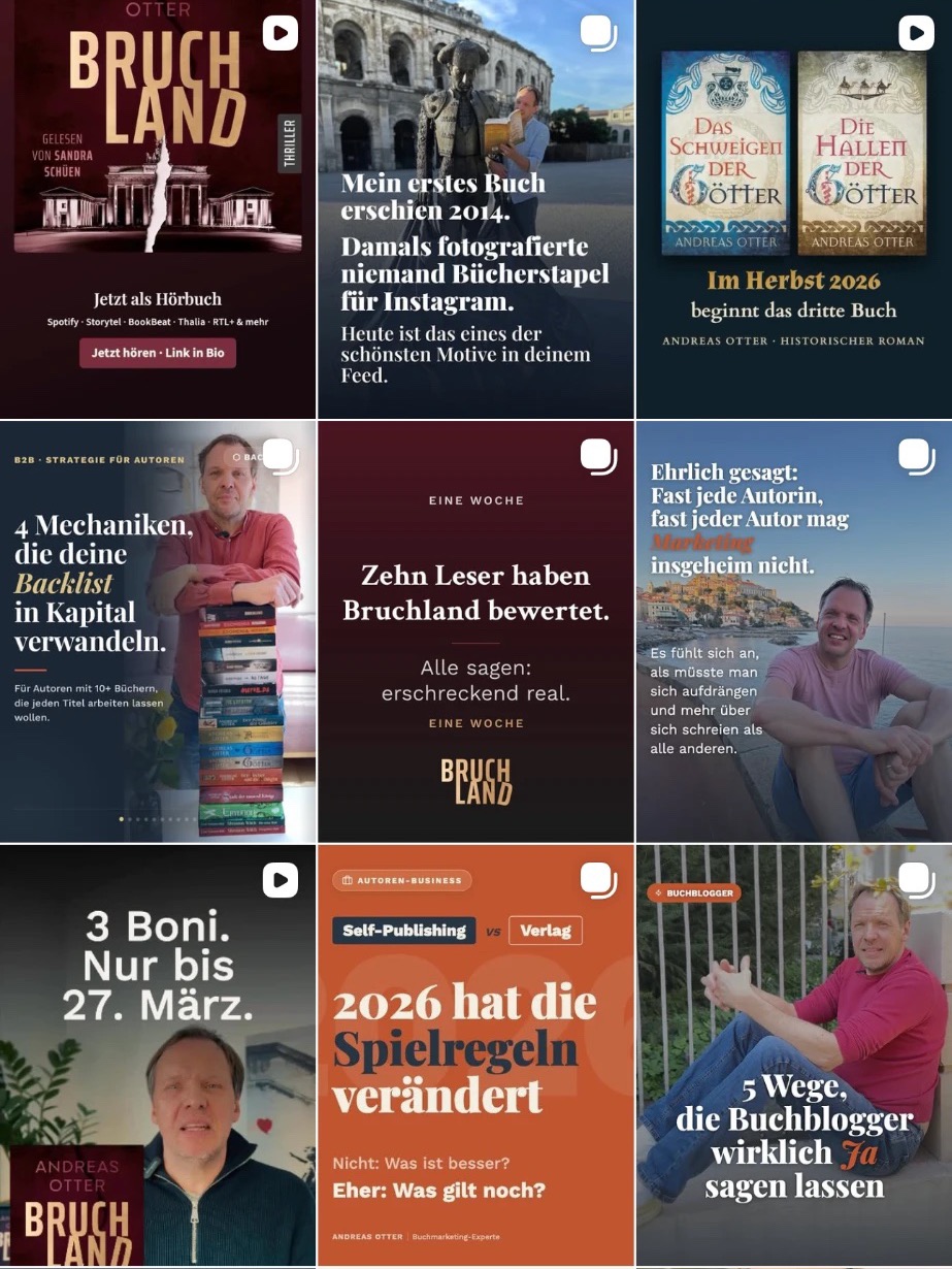 Instagram-Profilraster von Andreas Otter mit Buchbeiträgen; auf dem Vorschaubild mit zwei Romanen steht oben links „Werbung“.