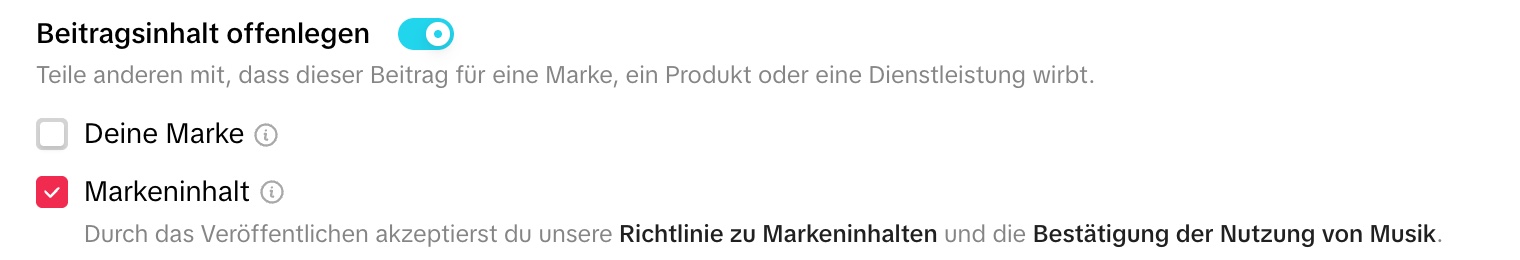 TikTok Studio auf Deutsch: Schalter „Beitragsinhalt offenlegen“ und Feld „Markeninhalt“.